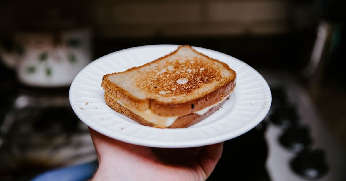 A toasted sandwich on a white plate