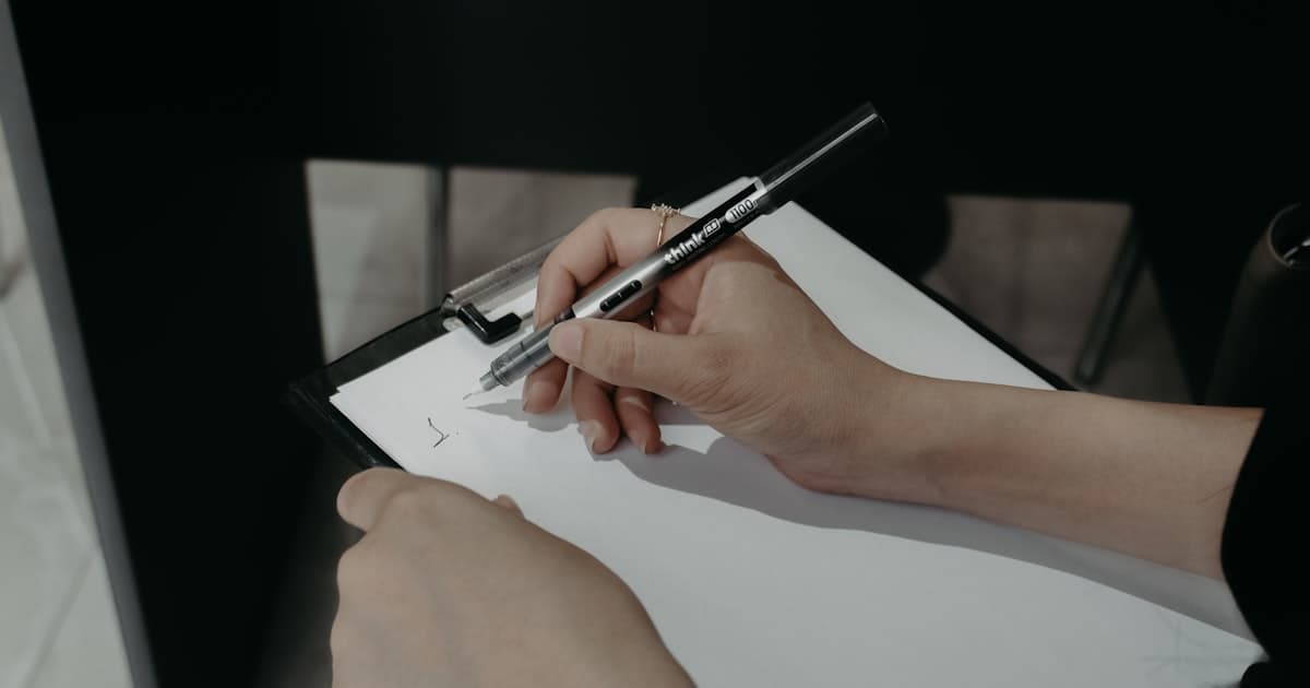 Hands writing on a clipboard form with a pen